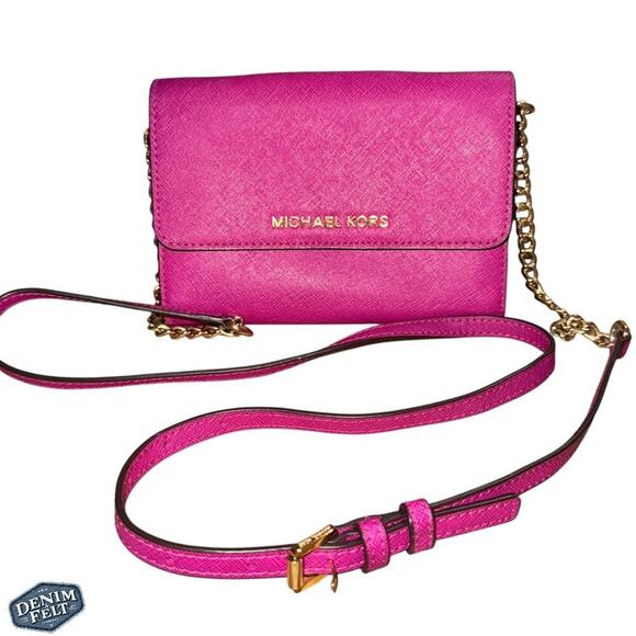 Michael Kors Fuchsia/Rasberry/Gold Saffiano Leather Chain Link Crossbody Bag - Picture 1 of 11